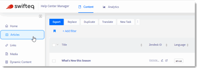 Content management interface with article options.
