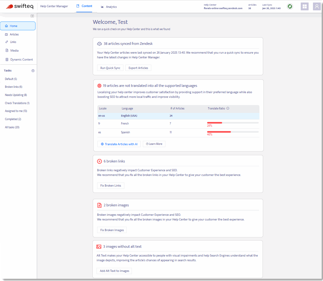 Help Center Manager dashboard overview.